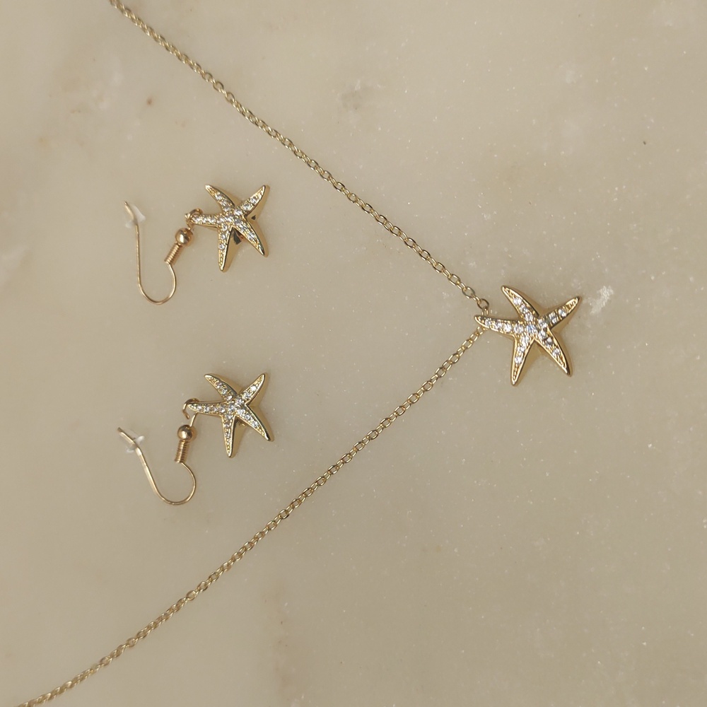 BOGO! NEW! 3-Piece Set Pave Starfish Gold Dangle Earrings & Matching Necklace